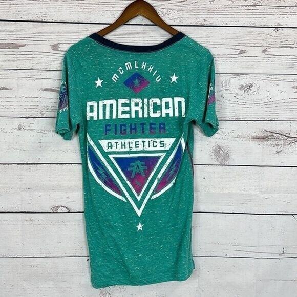 American Fighter Tee Shirt Womens XL Blue Green Y2K Punk Graphic Grunge Rocker - Picture 4 of 10